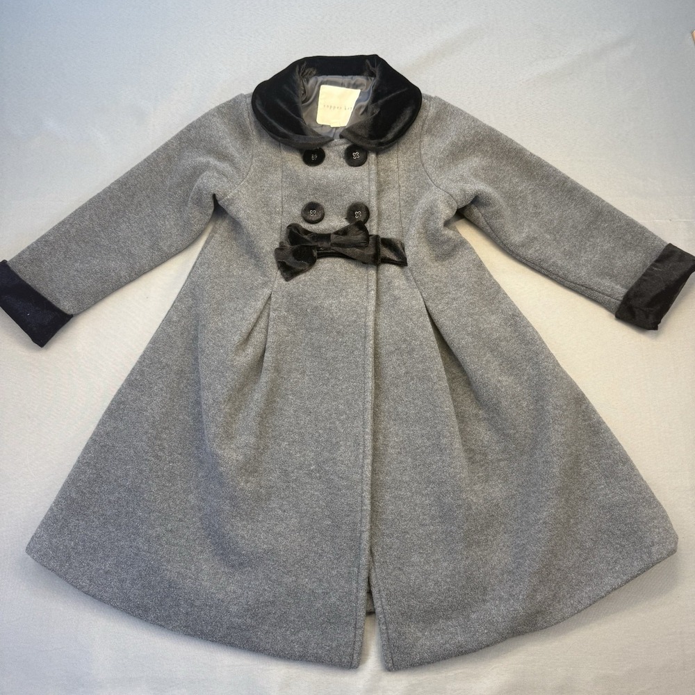 Copper Key Girls Size 4/5 Long Fleece Coat Jacket Gray W/ Black Bow Collar